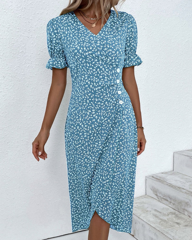 Women's Floral Print V-Neck Mid-Calf Summer Dress