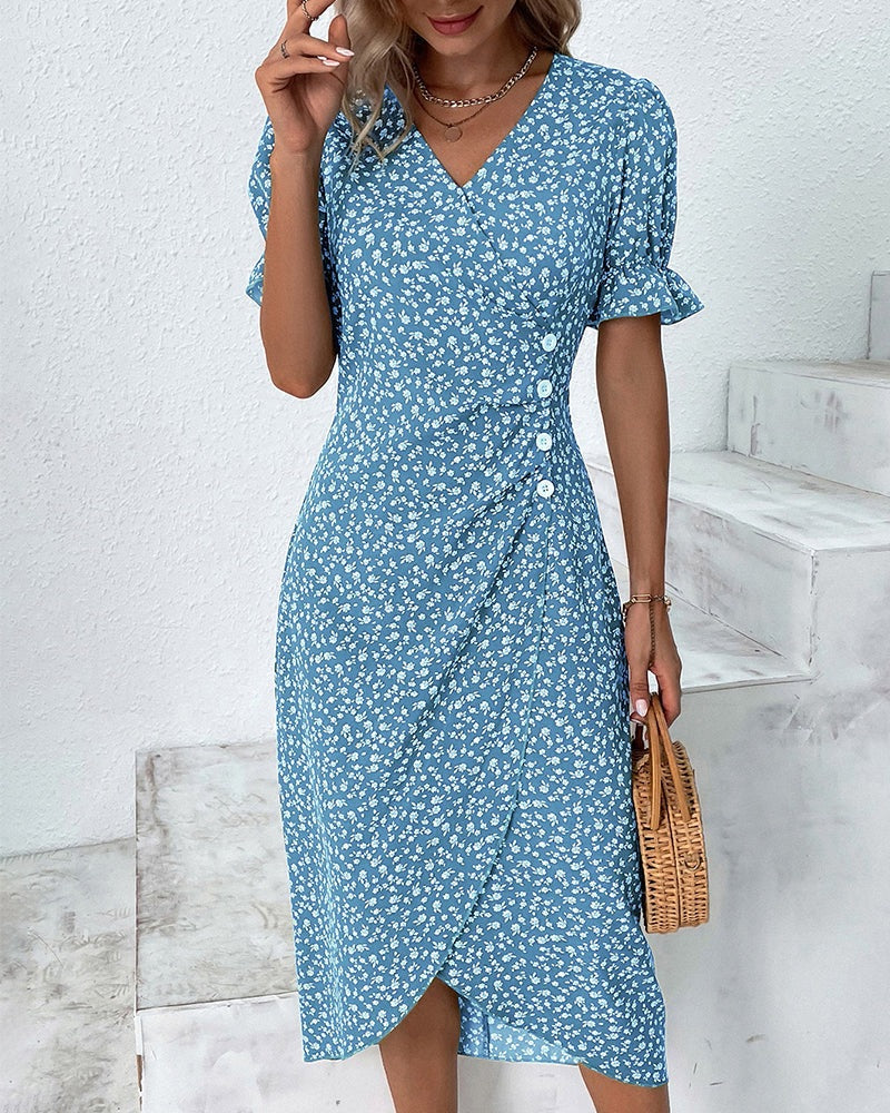 Women's Floral Print V-Neck Mid-Calf Summer Dress