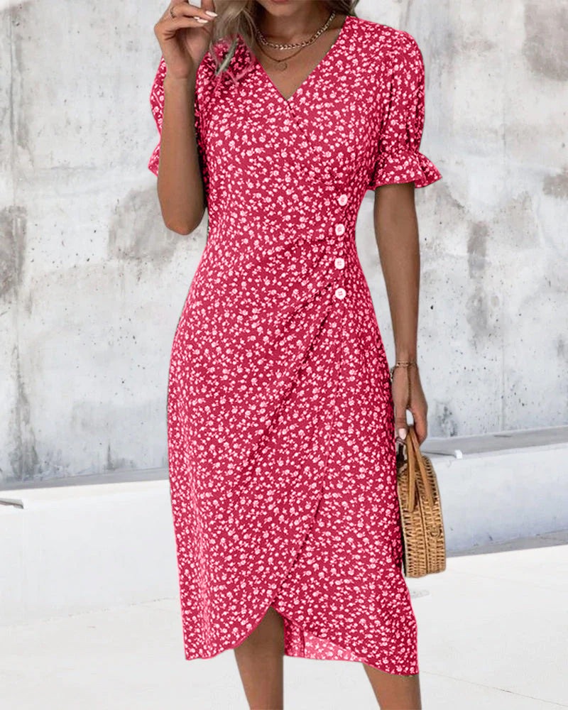 Women's Floral Print V-Neck Mid-Calf Summer Dress