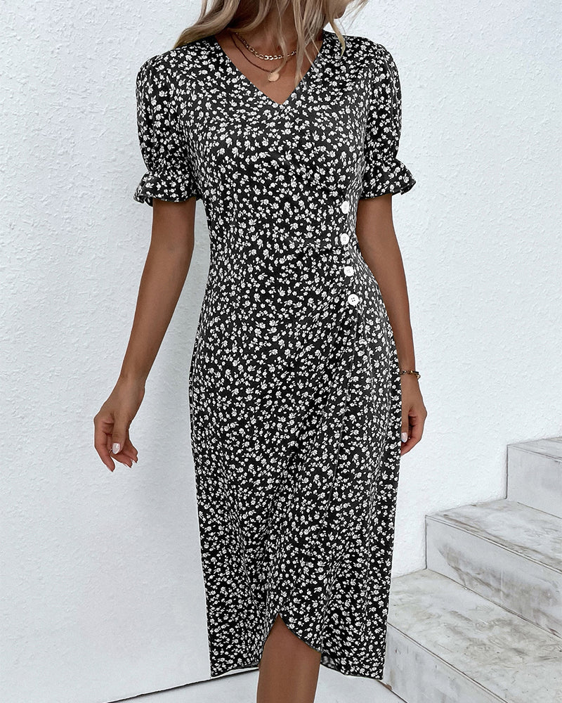 Women's Floral Print V-Neck Mid-Calf Summer Dress