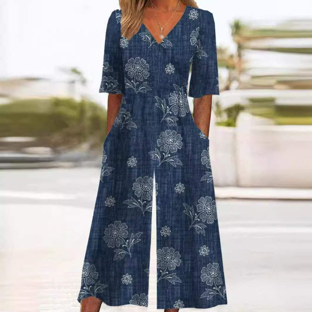 Women's Floral V-Neck Wide-Leg Palazzo Jumpsuit with Elbow Sleeves