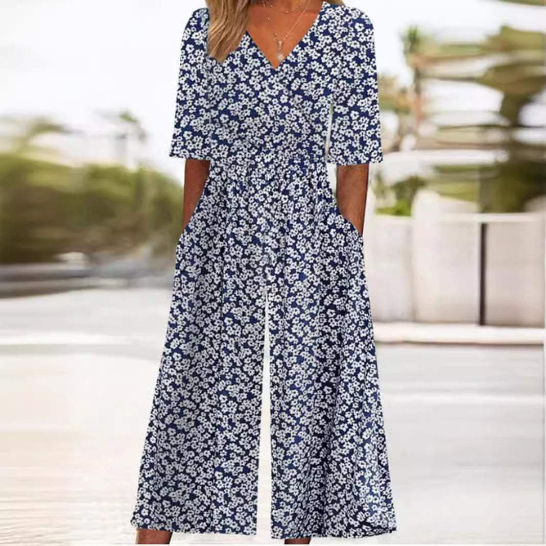 Women's Floral V-Neck Wide-Leg Palazzo Jumpsuit with Elbow Sleeves