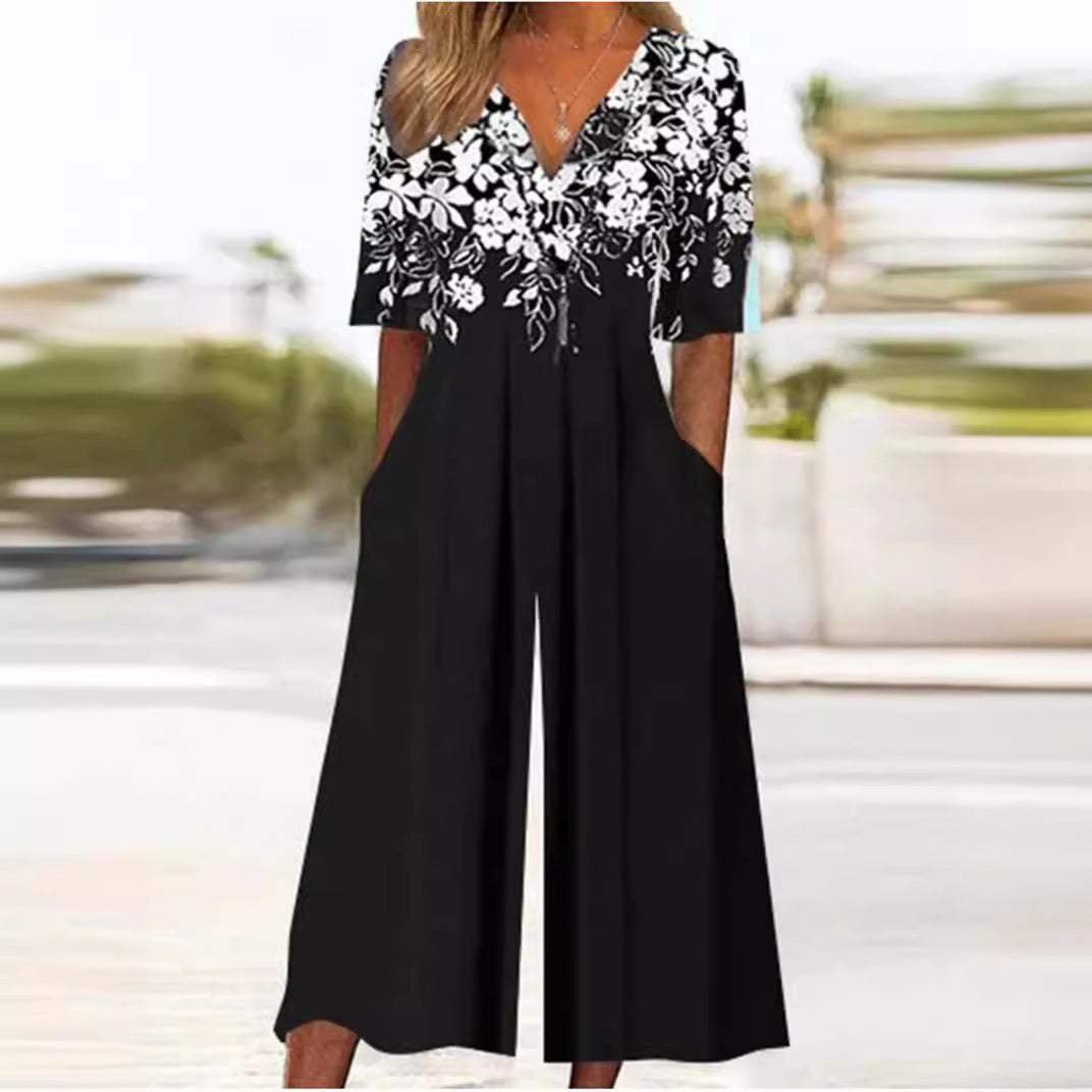 Women's Floral V-Neck Wide-Leg Palazzo Jumpsuit with Elbow Sleeves