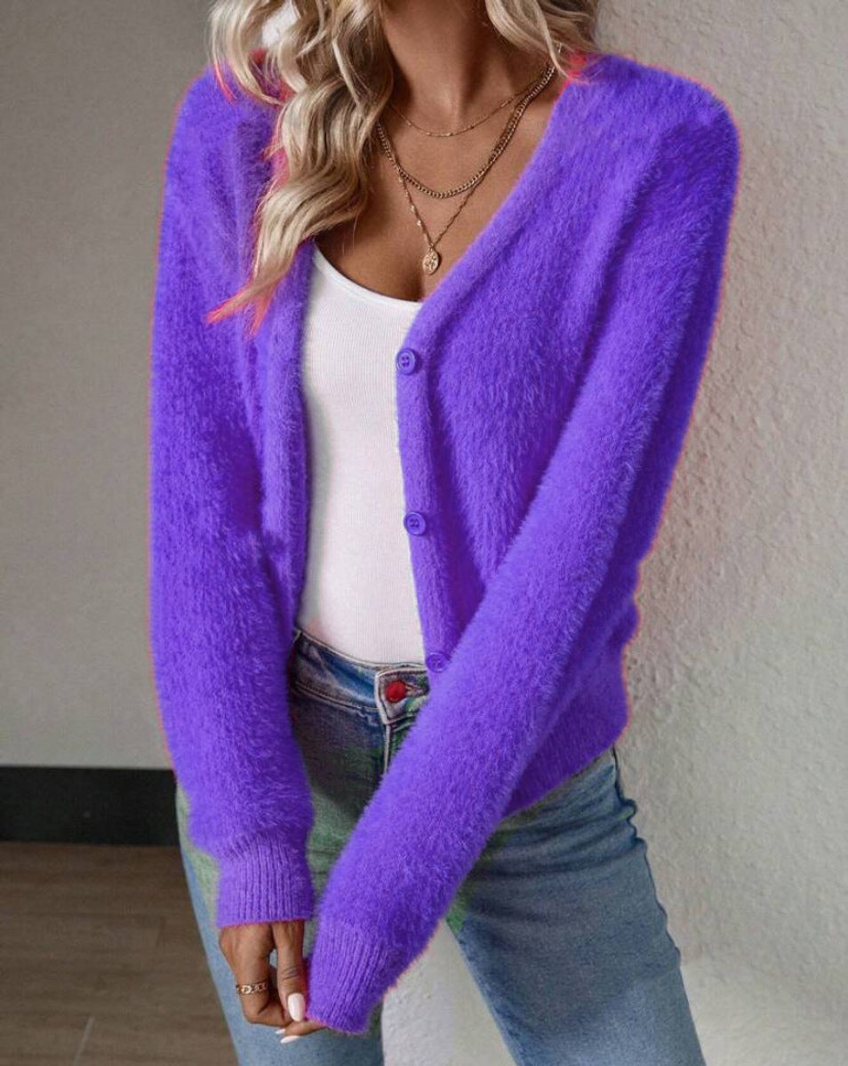 Women's Fluffy V-Neck Button-Front Cardigan Sweater