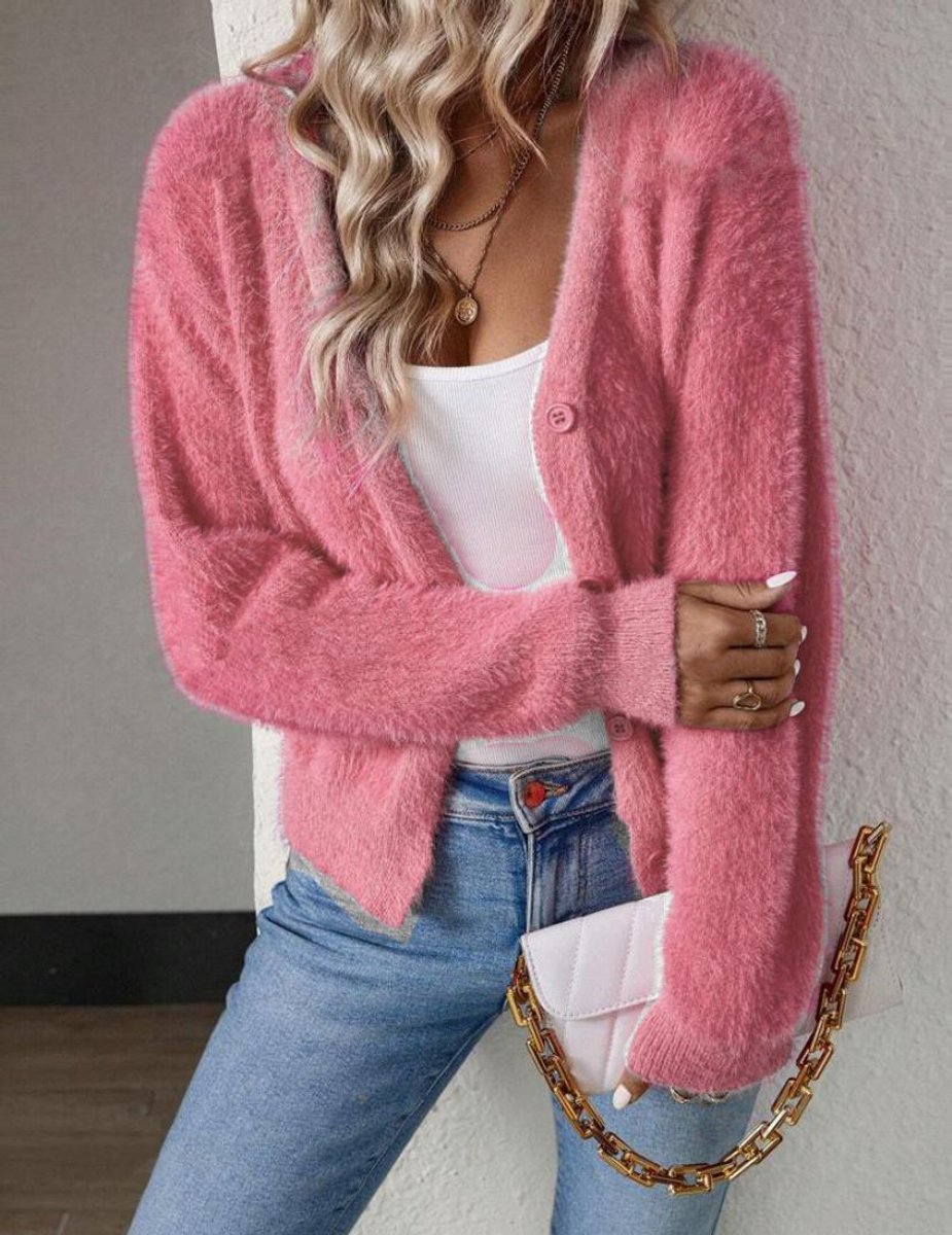 Women's Fluffy V-Neck Button-Front Cardigan Sweater