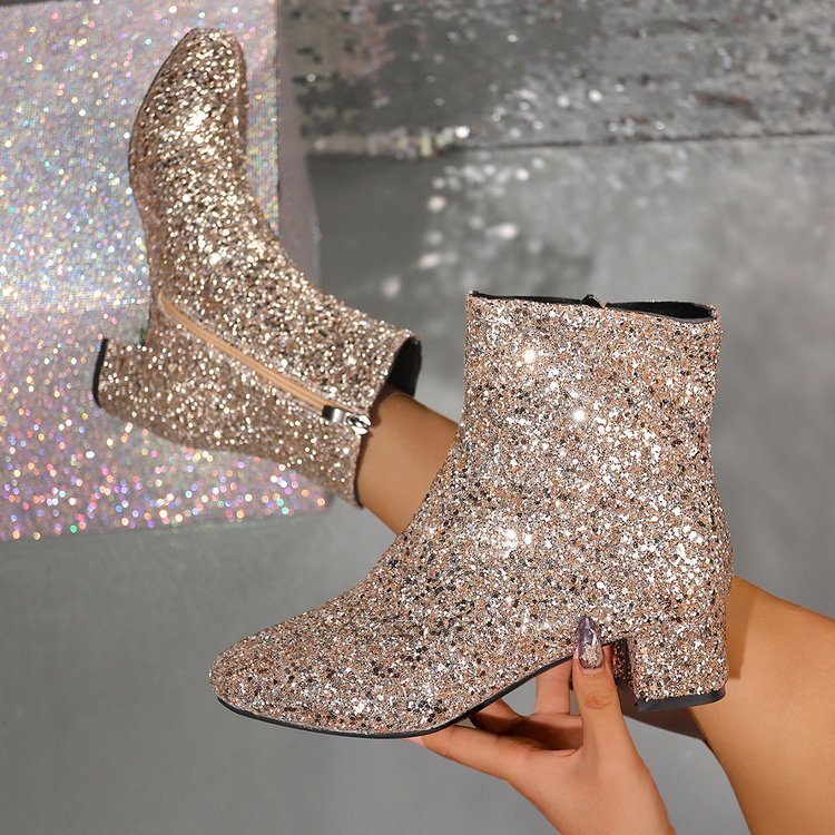 Women's Glitter Ankle Boots with Low Block Heel and Side Zip