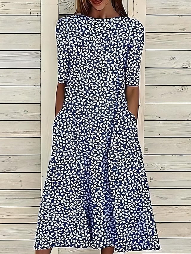 Women's High-Neck Floral A-Line Midi Summer Dress