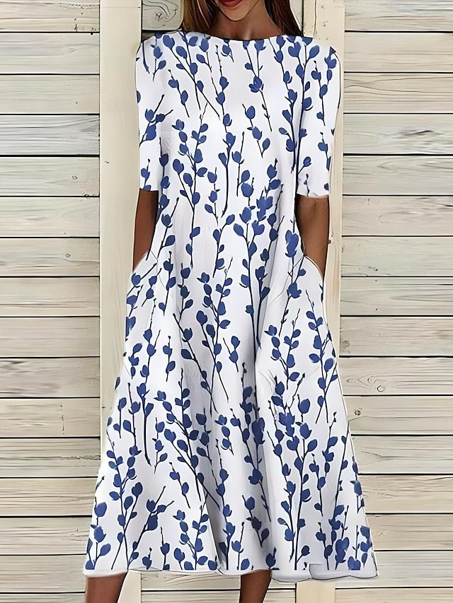 Women's High-Neck Floral A-Line Midi Summer Dress