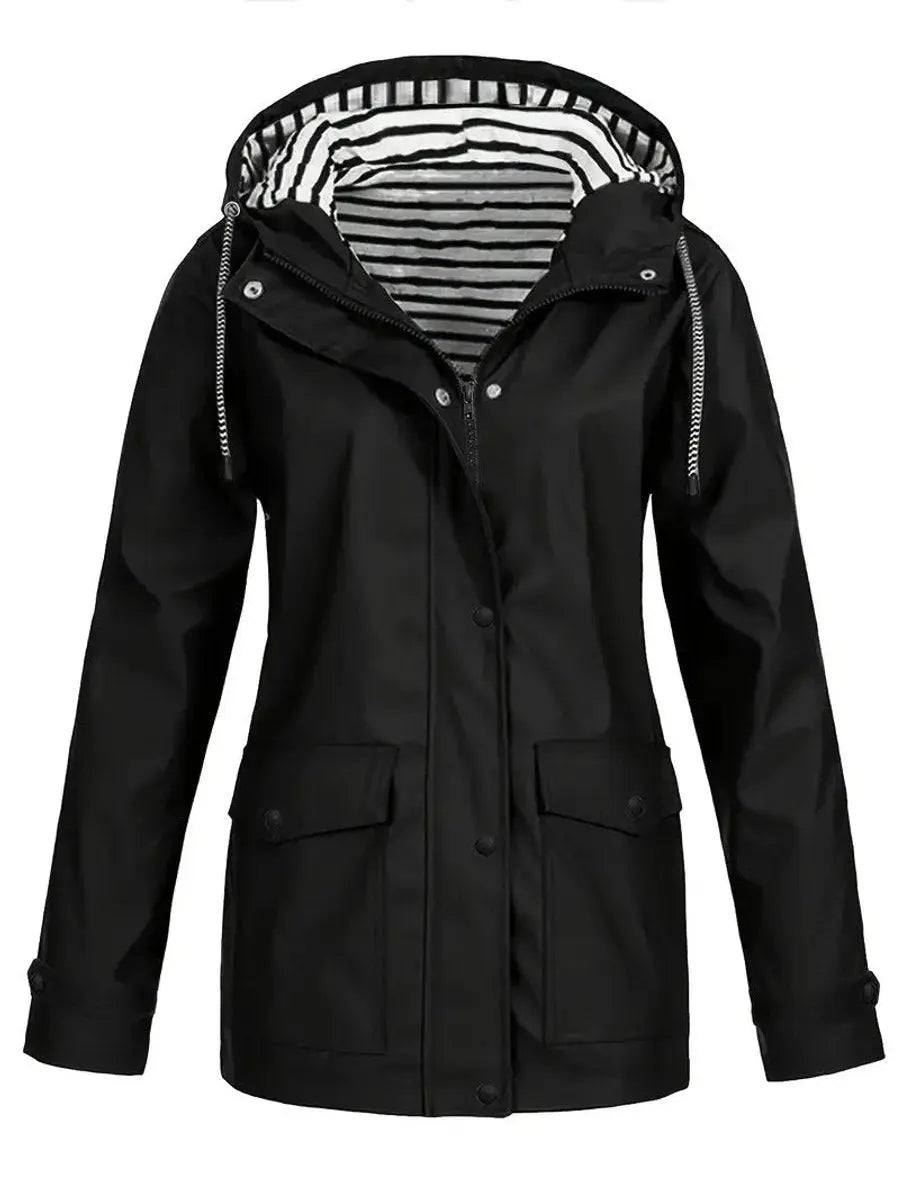 Women's Hooded Waterproof Striped-Lined Zip-Up Raincoat