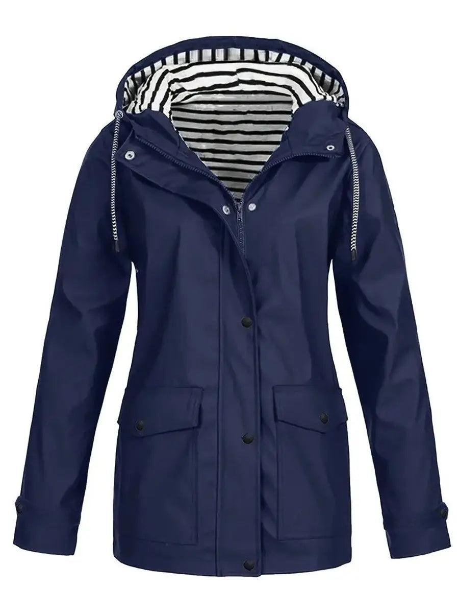 Women's Hooded Waterproof Striped-Lined Zip-Up Raincoat