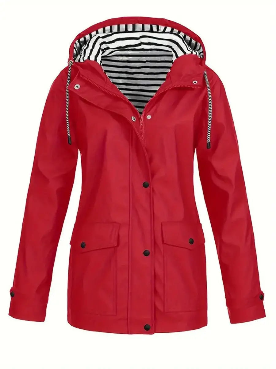 Women's Hooded Waterproof Striped-Lined Zip-Up Raincoat