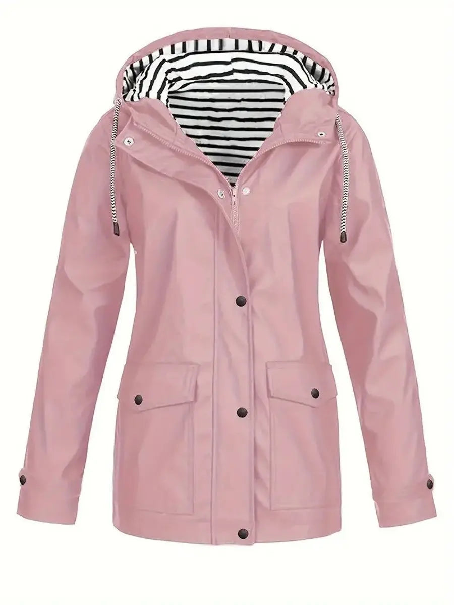 Women's Hooded Waterproof Striped-Lined Zip-Up Raincoat