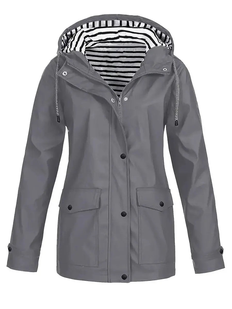 Women's Hooded Waterproof Striped-Lined Zip-Up Raincoat