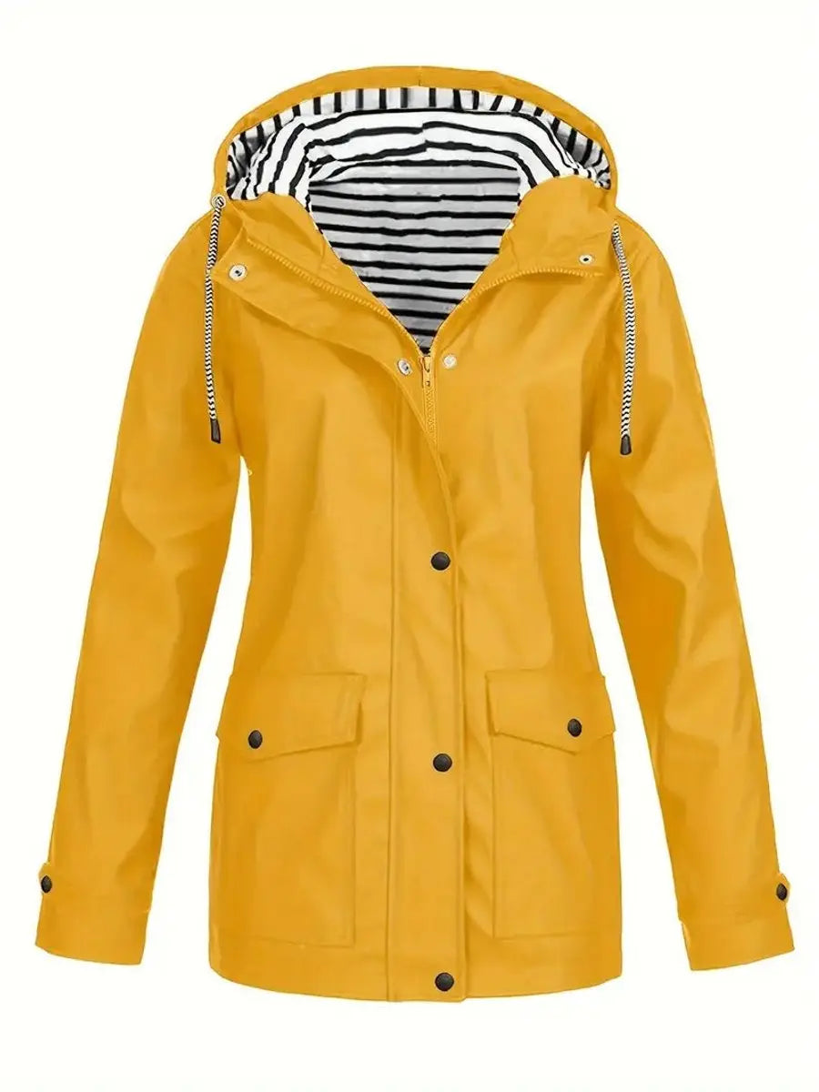 Women's Hooded Waterproof Striped-Lined Zip-Up Raincoat