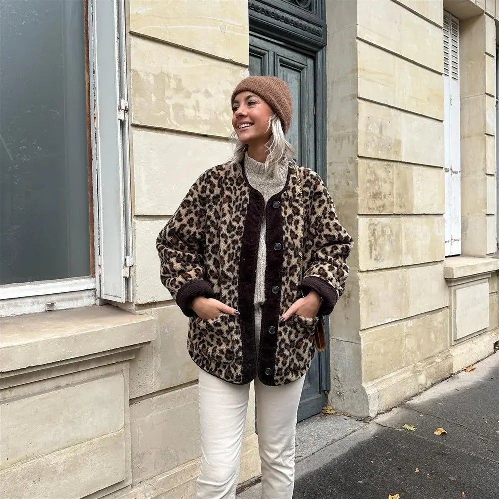 Women's Leopard Print Button-Up Jacket with Round Neck