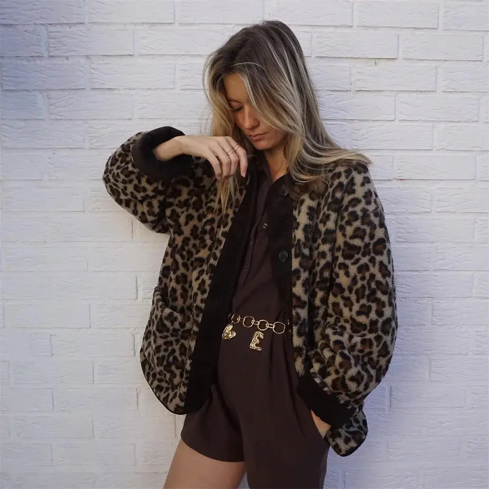Women's Leopard Print Button-Up Jacket with Round Neck