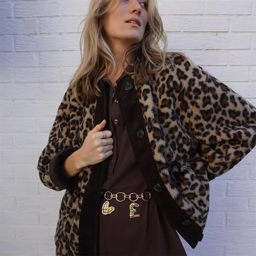 Women's Leopard Print Button-Up Jacket with Round Neck
