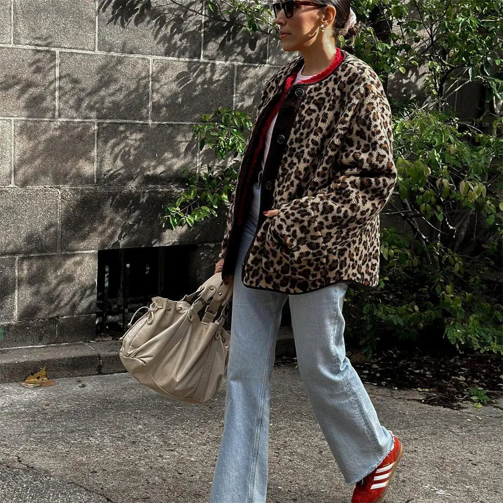 Women's Leopard Print Button-Up Jacket with Round Neck