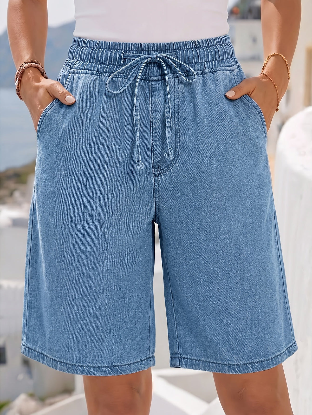Women's Light Blue Wide-Leg Bermuda Shorts with Drawstring Waist