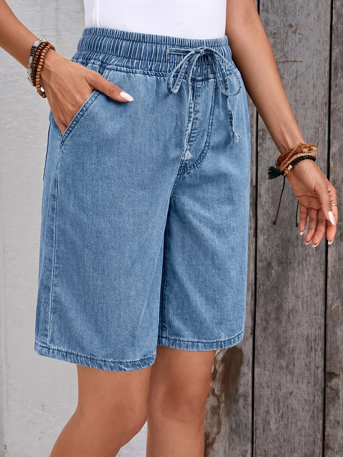 Women's Light Blue Wide-Leg Bermuda Shorts with Drawstring Waist