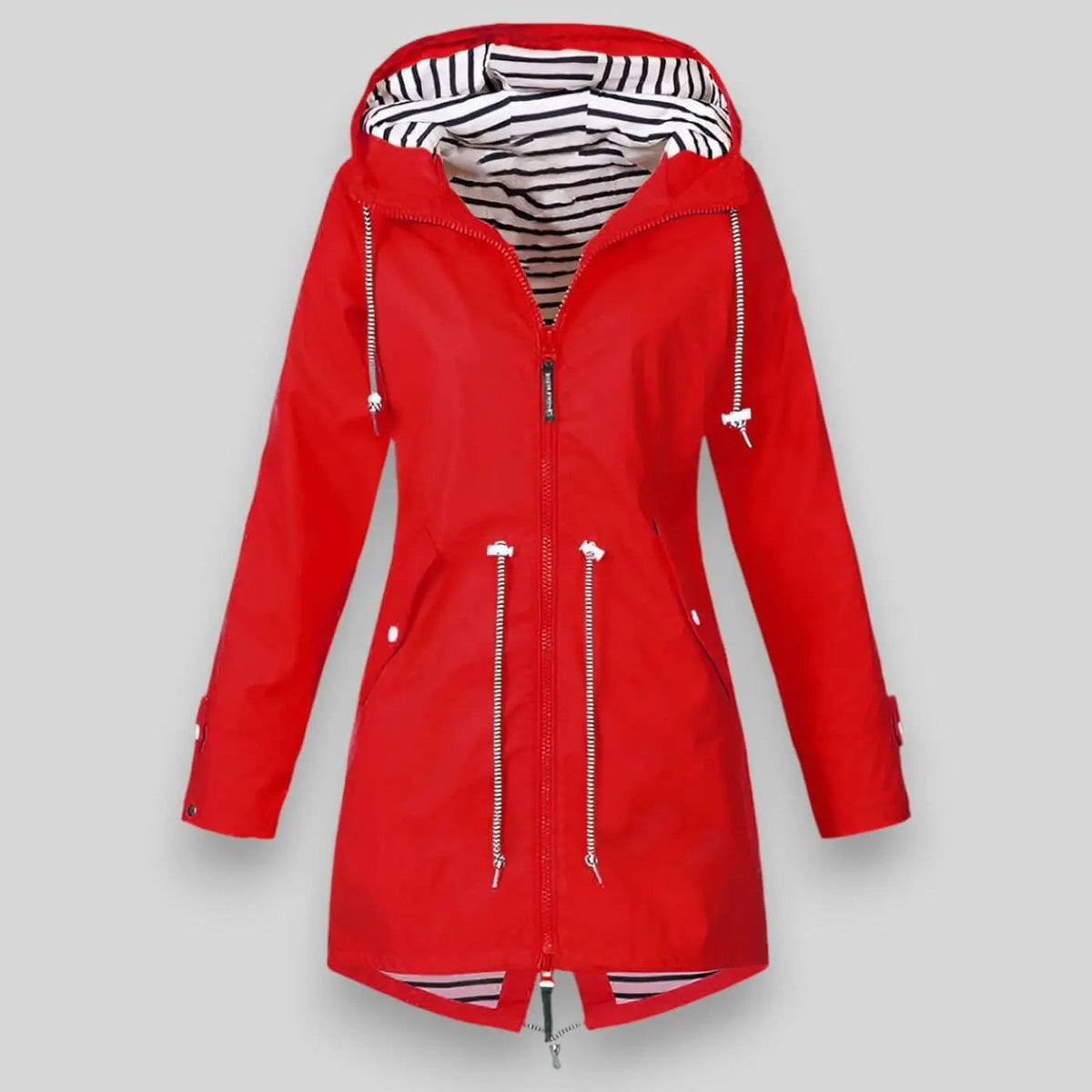 Women's Lightweight Waterproof Jacket with Adjustable Hood and Waist