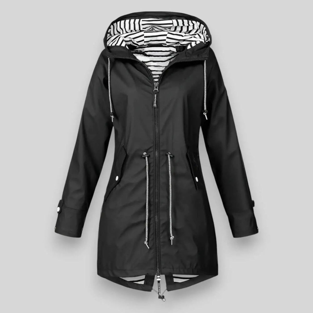 Women's Lightweight Waterproof Jacket with Adjustable Hood and Waist