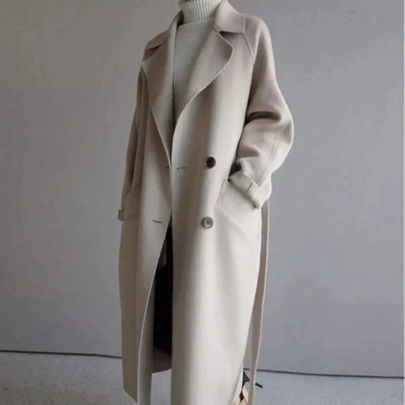 Women's Long Coat with Button Closure and Collar