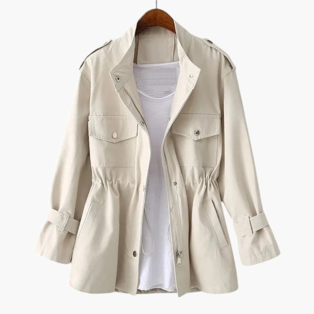 Women's Long Coat with Crossover Closure and Adjustable Belt