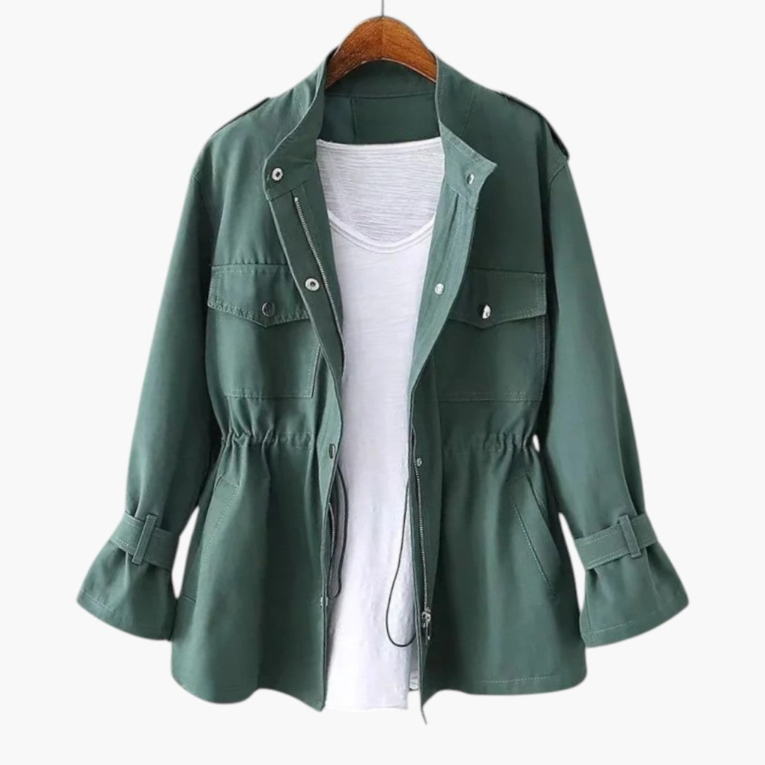 Women's Long Coat with Crossover Closure and Adjustable Belt