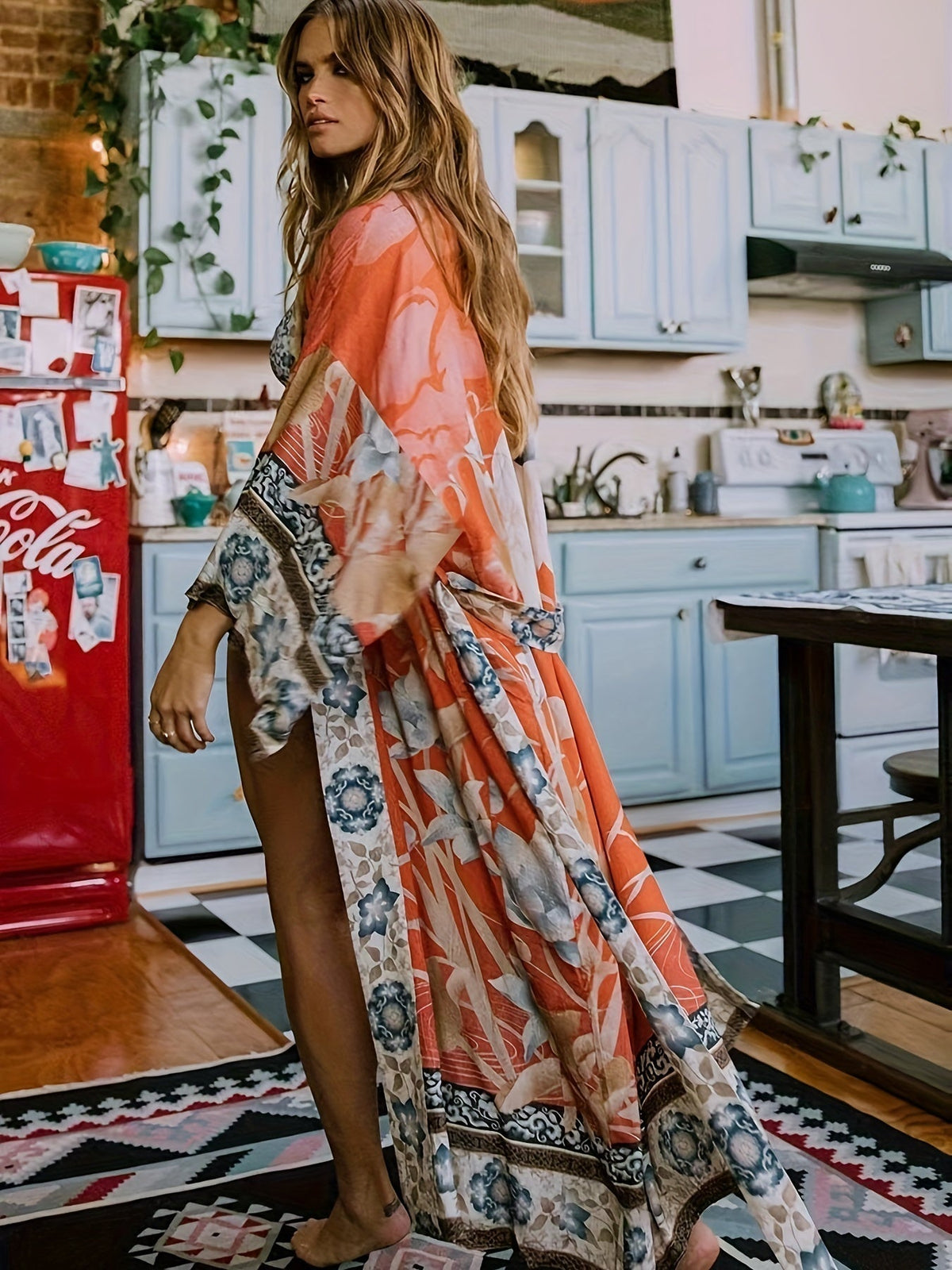 Women's Long Floral Print Kimono