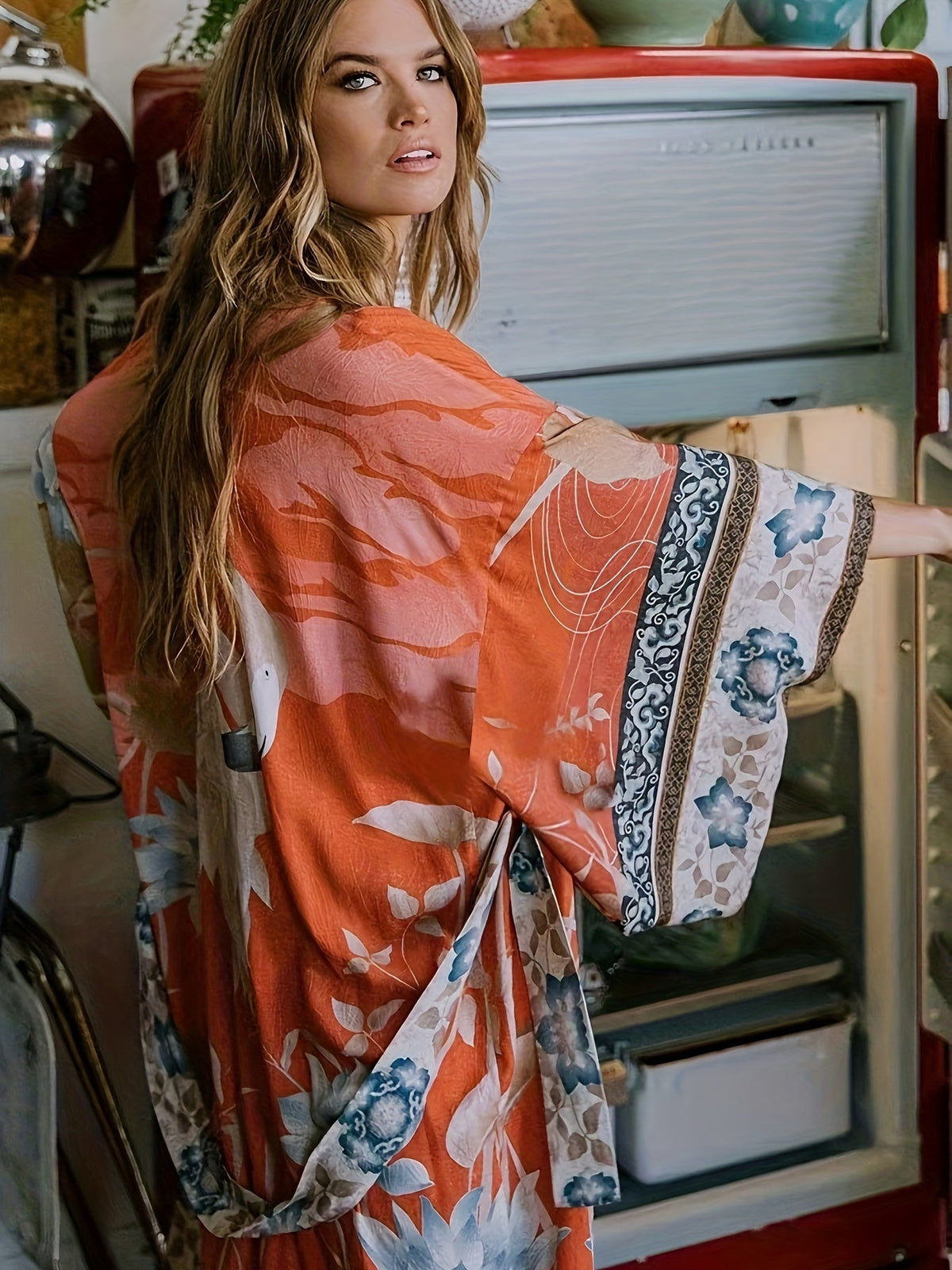 Women's Long Floral Print Kimono