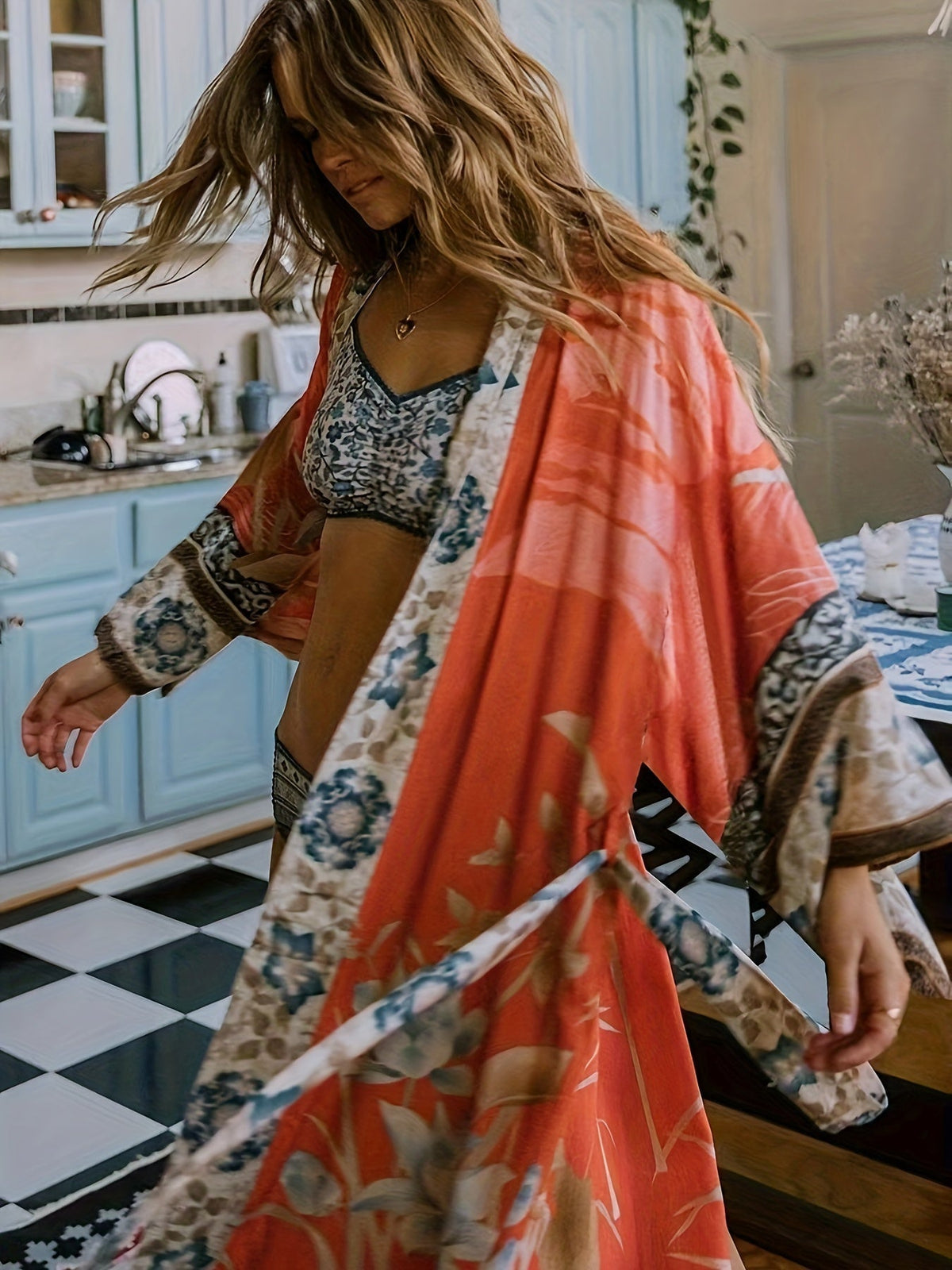Women's Long Floral Print Kimono