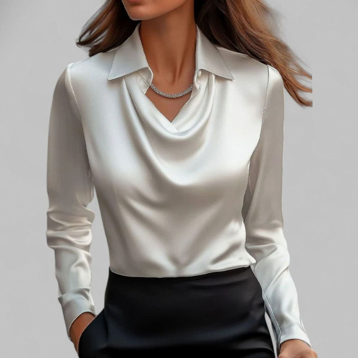 Women's Long-Sleeve Draped-Neck Collared Blouse