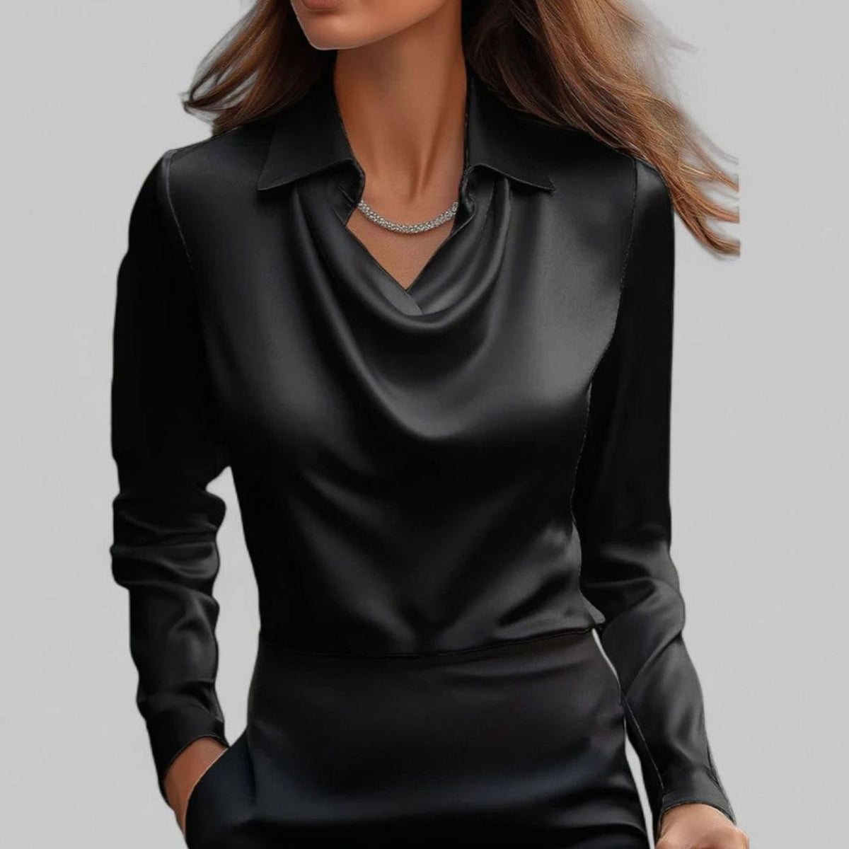 Women's Long-Sleeve Draped-Neck Collared Blouse
