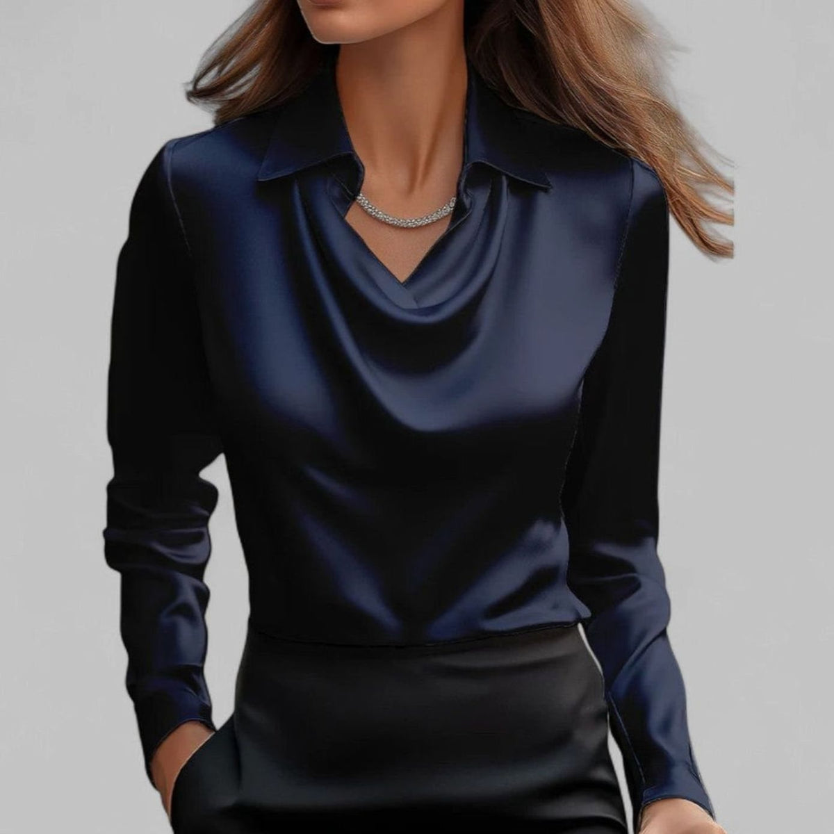 Women's Long-Sleeve Draped-Neck Collared Blouse