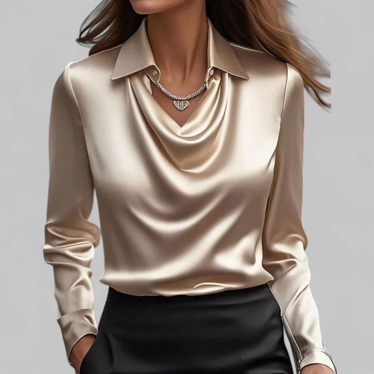 Women's Long-Sleeve Draped-Neck Collared Blouse