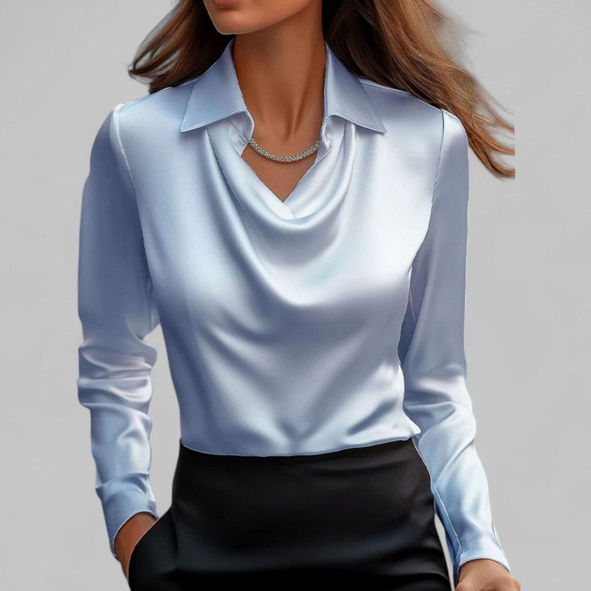 Women's Long-Sleeve Draped-Neck Collared Blouse