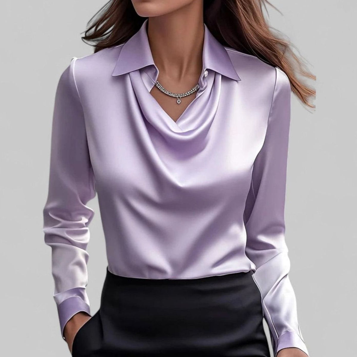 Women's Long-Sleeve Draped-Neck Collared Blouse