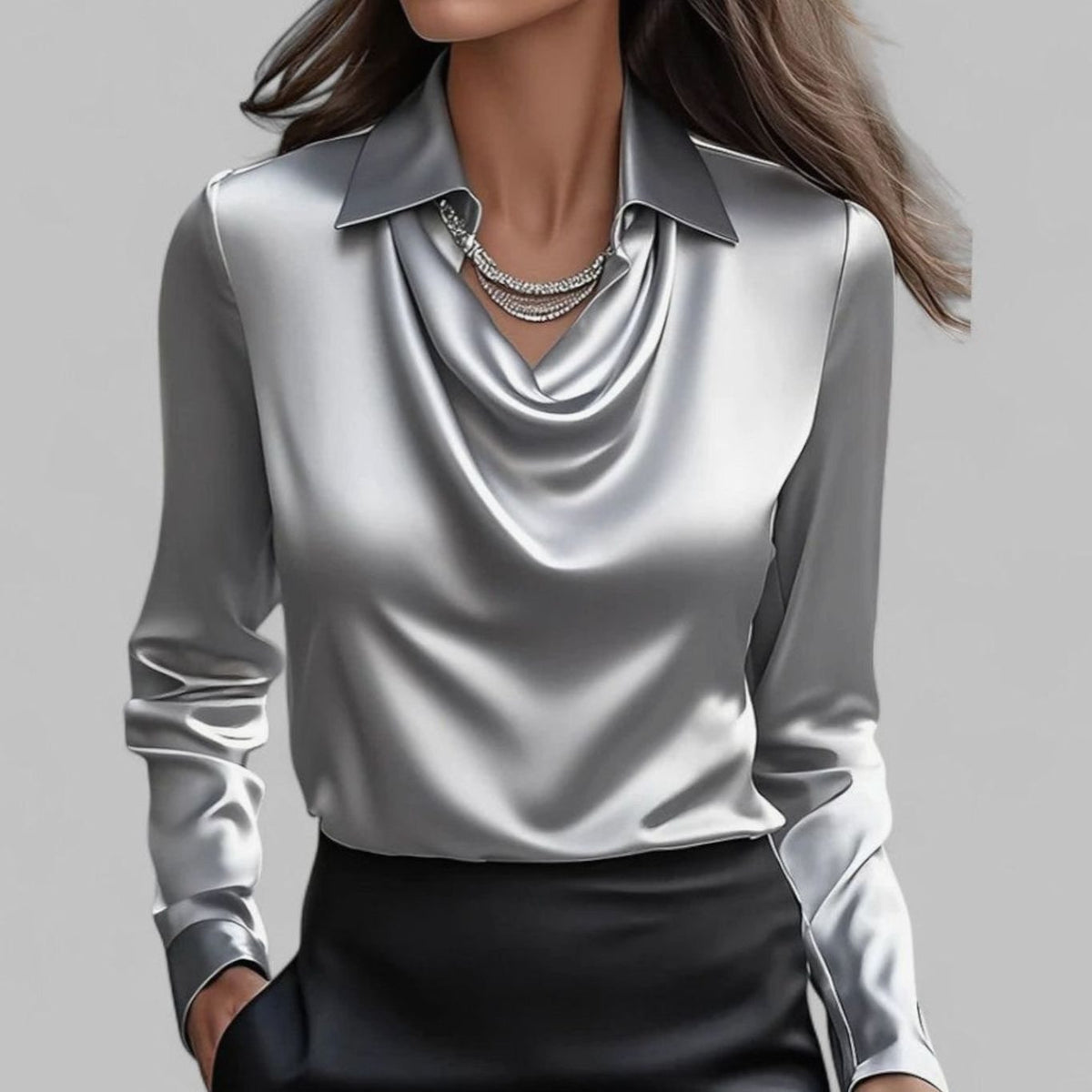 Women's Long-Sleeve Draped-Neck Collared Blouse