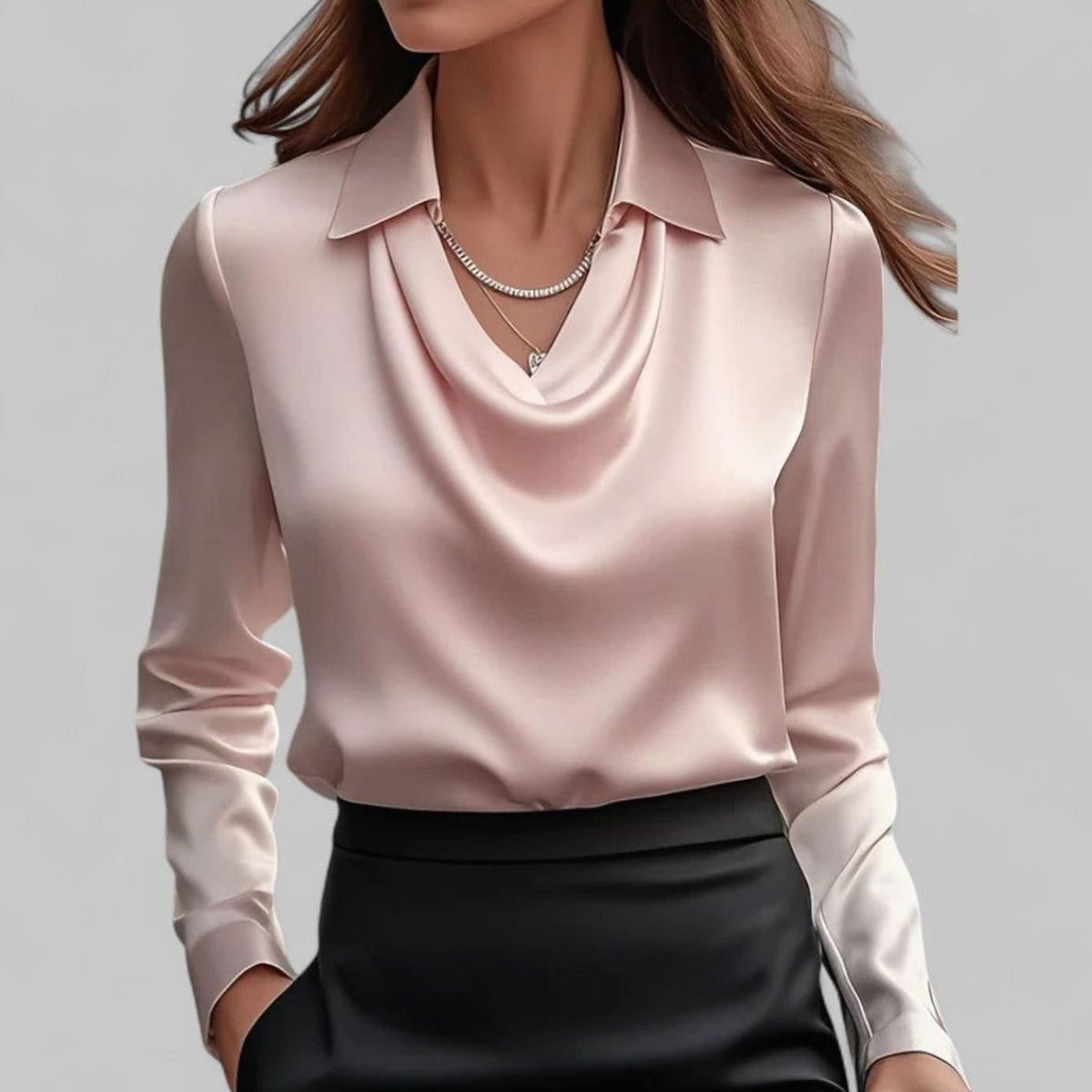 Women's Long-Sleeve Draped-Neck Collared Blouse