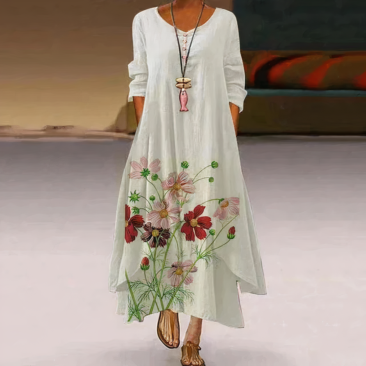 Women's Long-Sleeve Midi Dress with Asymmetric Hem