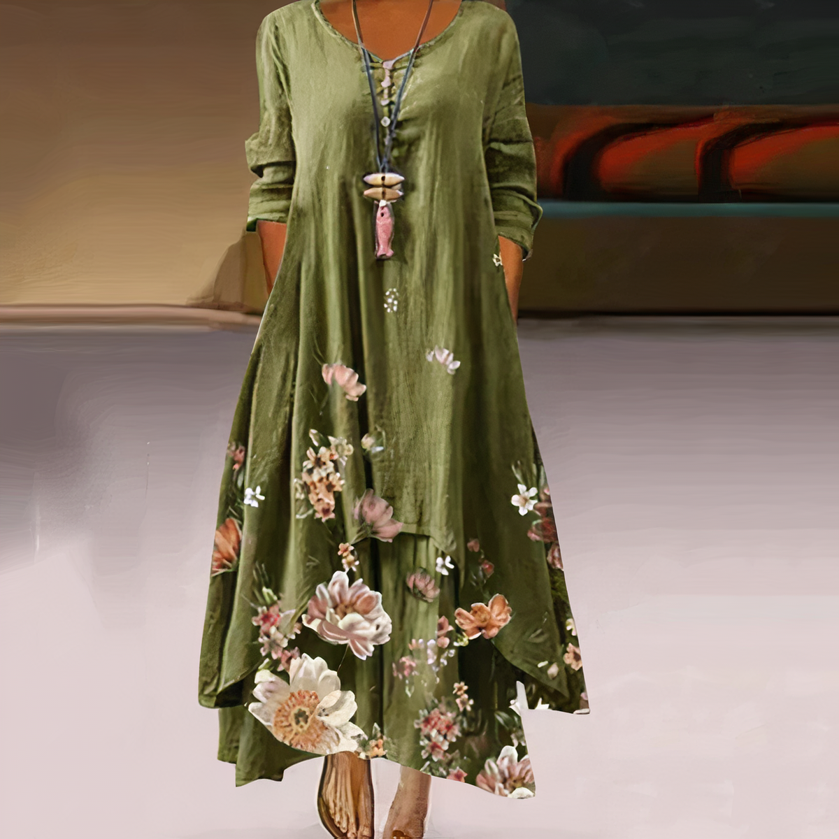 Women's Long-Sleeve Midi Dress with Asymmetric Hem