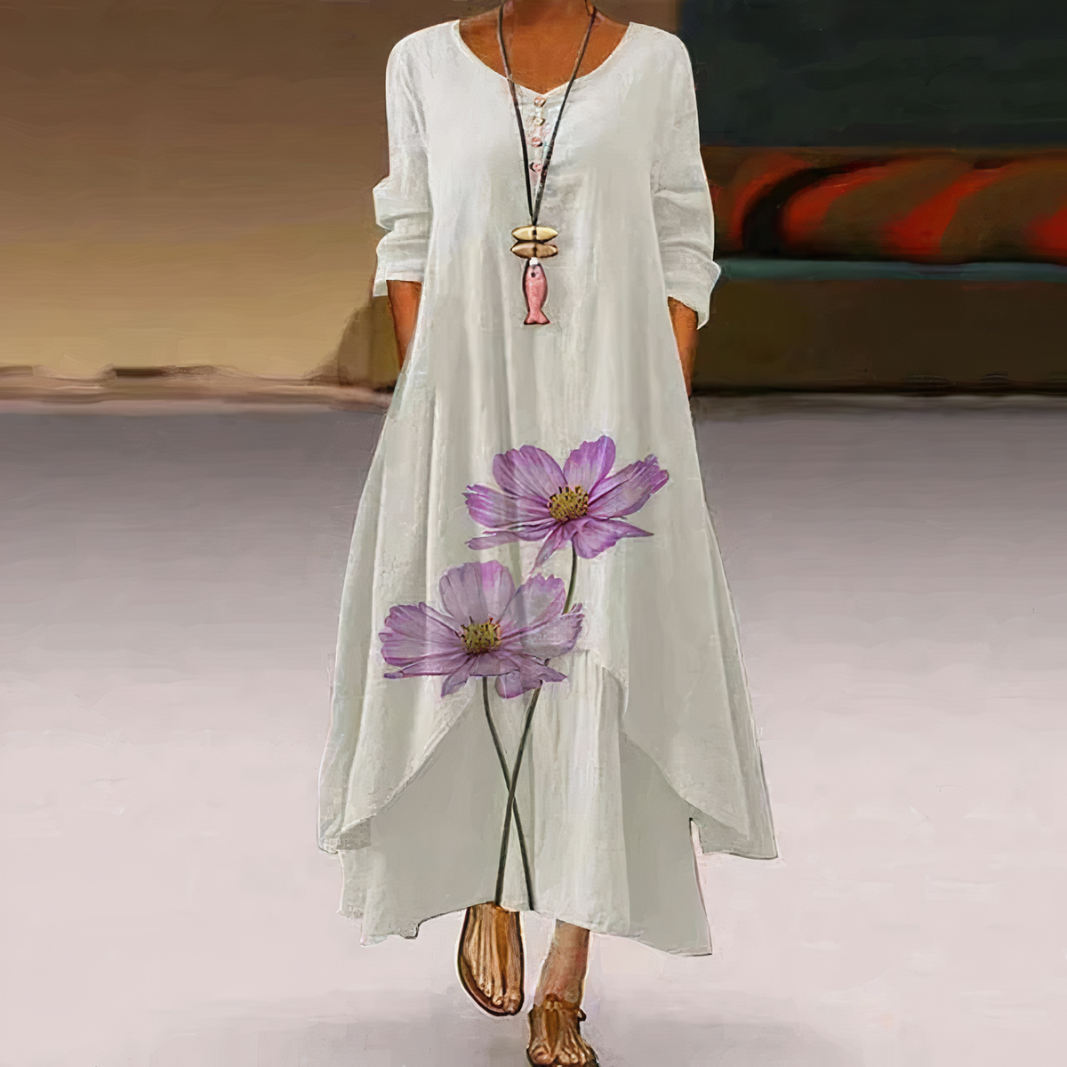 Women's Long-Sleeve Midi Dress with Asymmetric Hem