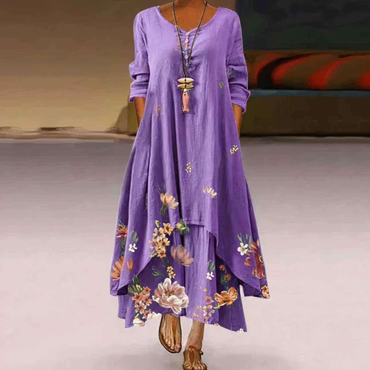 Women's Long-Sleeve Midi Dress with Asymmetric Hem