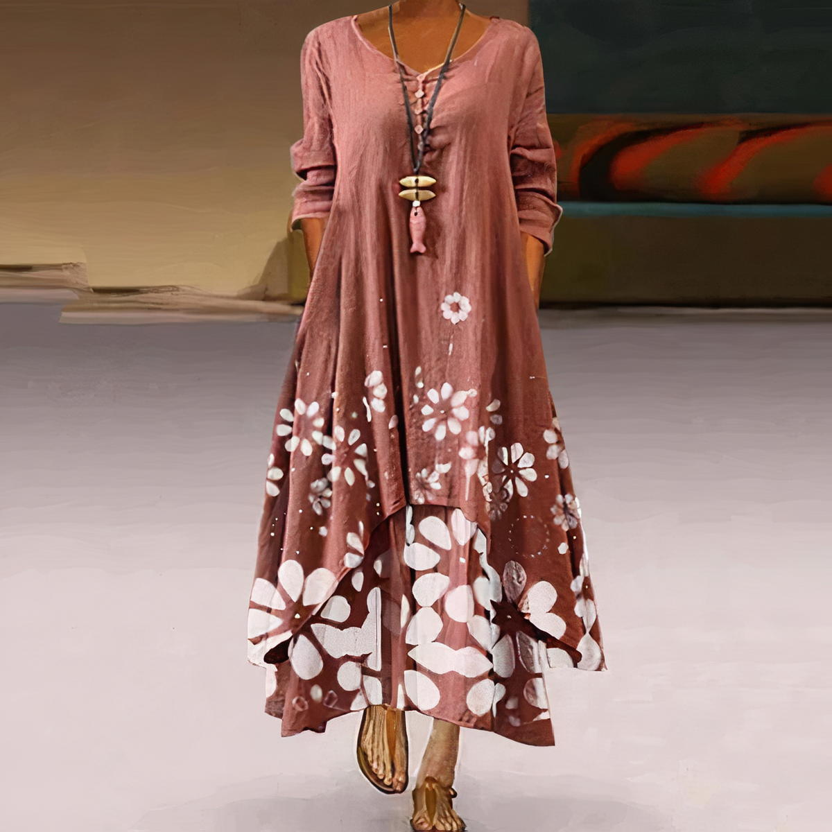 Women's Long-Sleeve Midi Dress with Asymmetric Hem