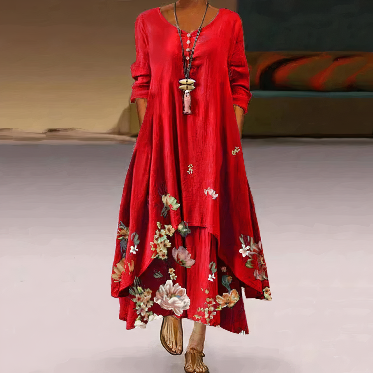 Women's Long-Sleeve Midi Dress with Asymmetric Hem