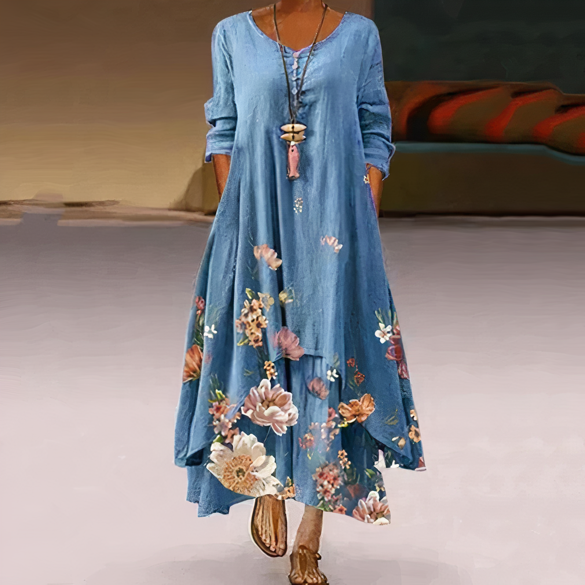 Women's Long-Sleeve Midi Dress with Asymmetric Hem