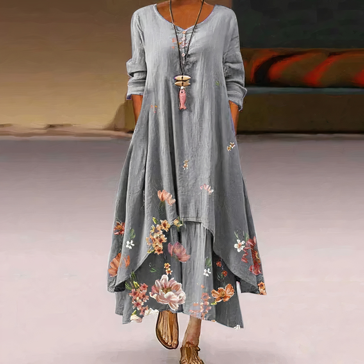 Women's Long-Sleeve Midi Dress with Asymmetric Hem