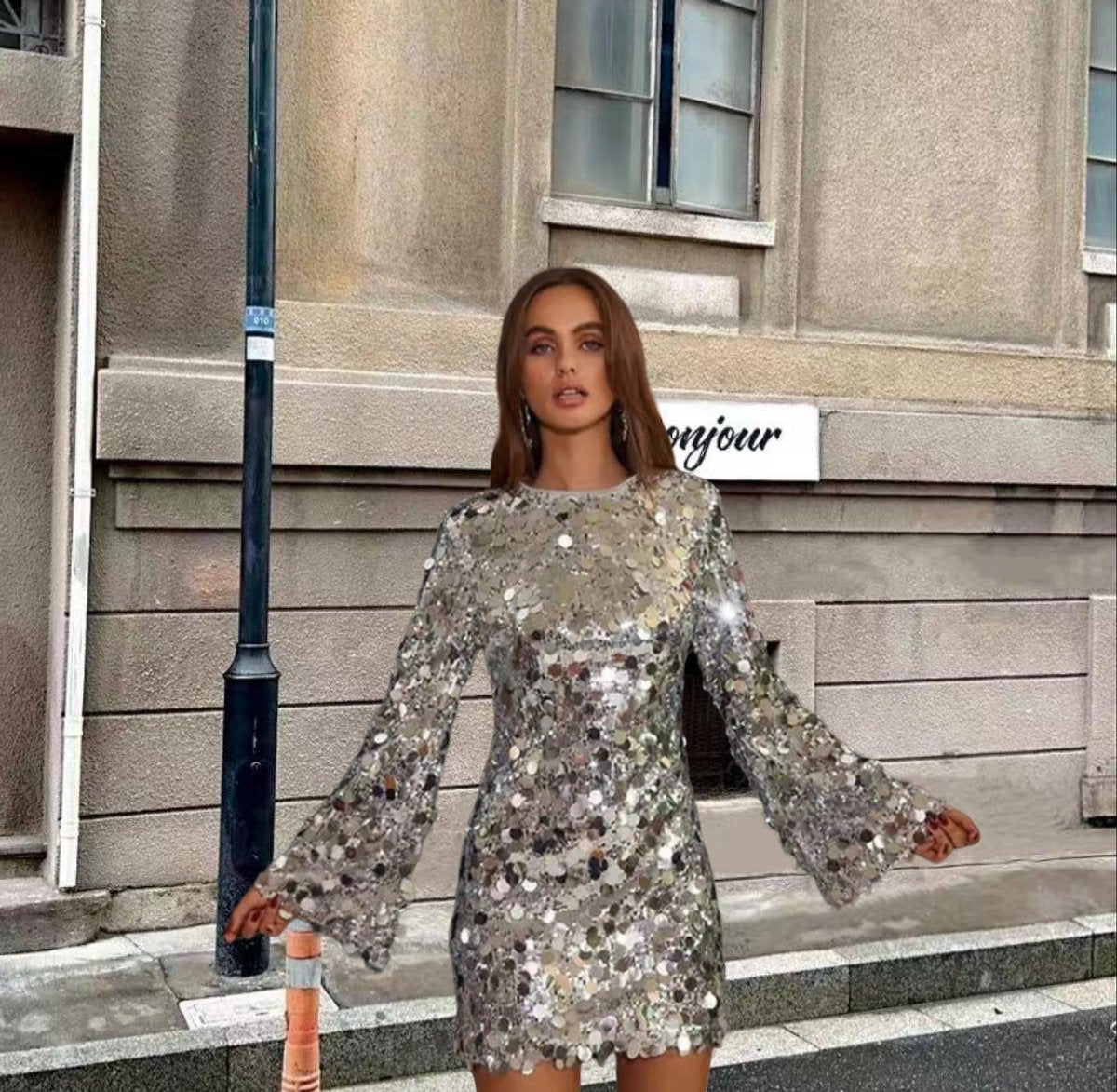 Women's Long Sleeve Sequin Mini Cocktail Dress
