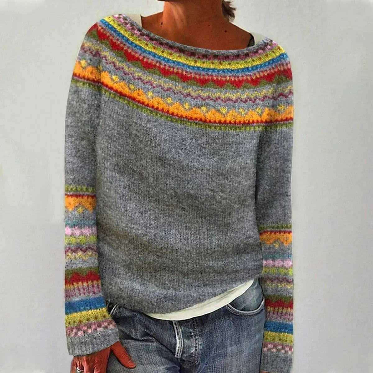 Women's Multicolour Nordic Jumper with Boat Neck in Relaxed Fit